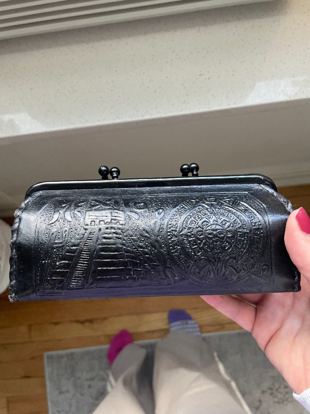 Black Embossed Mexican Kiss Lock Clutch Wallet Purse
